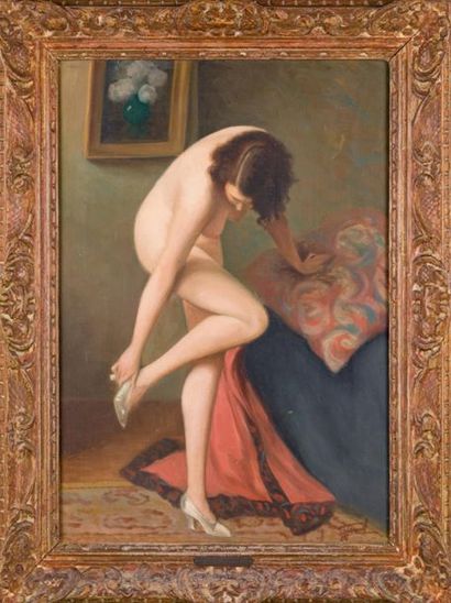 null Jean JANNEL (1894-?)
Femme nue aux escarpins
Huile sur toile signée en bas à...
