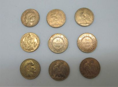 null Nine coins of 20 gold francs:
- Three geniuses, years 1895 and 1897
- Five cockerel...