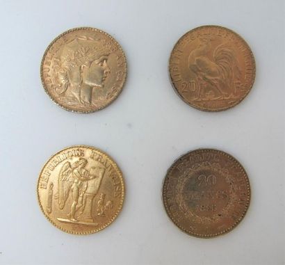 null Neuf monnaies de 20 francs or:
- Trois génie, années 1895 et 1897
- Cinq monnaies...