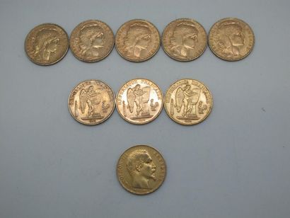 null Neuf monnaies de 20 francs or:
- Trois génie, années 1895 et 1897
- Cinq monnaies...