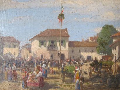 null Ecole française du XIXe siècle
La foire du 14 juillet en Provence survolée d'une...