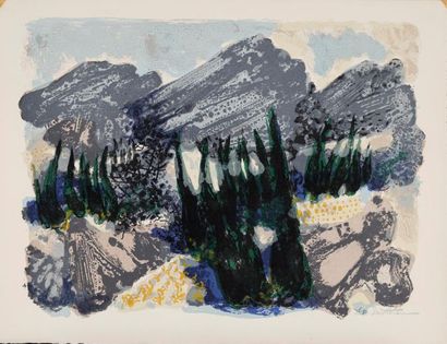 null Maurice SARTHOU (1911-2000)
Paysage du Midi - Barques et filets,
Two colour...