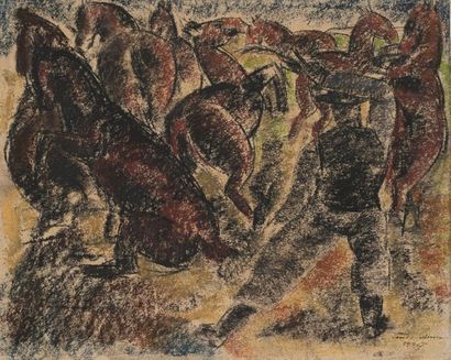 null Emile LAHNER (1893-1980)
Dresseur et chevaux, 1924
Pastel sur papier (insolation),...