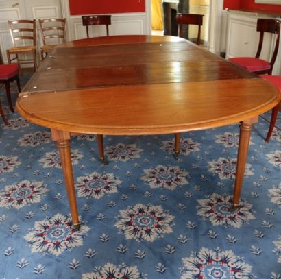 null Mahogany dining table with shutters. Oval top with flaps, resting on 6 tapered...