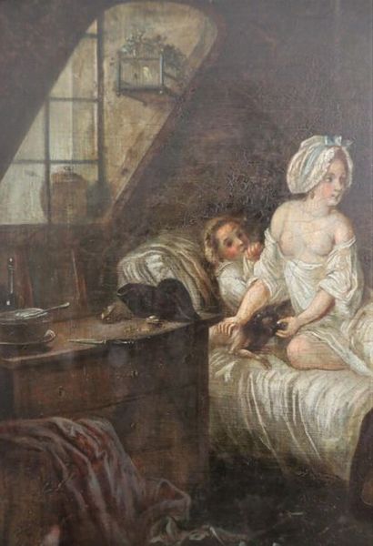 null French school of the 18th century.
Le levé. 
Oil on canvas. Original canvas....