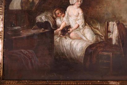 null French school of the 18th century.
Le levé. 
Oil on canvas. Original canvas....