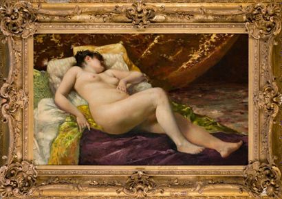 null BAGUES, XIXème siècle
" Nu aux tentures", 1892, 
Huile sur toile rentoilée (restaurations),...