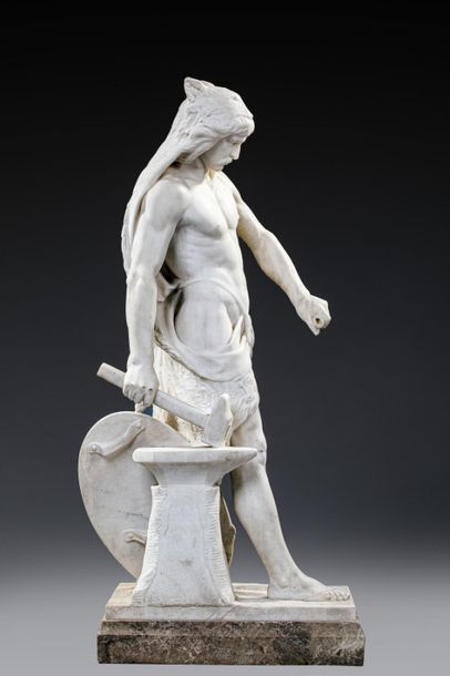 null Charles PETRE (1828-1905) 
Siegfrid forgeron.
Groupe en marbre blanc de Carat...