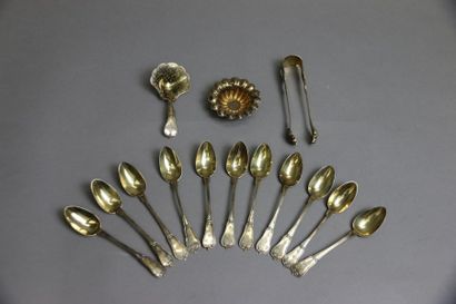 null Vermilion silver tea set including: 
Twelve teaspoons with stylized flower design...