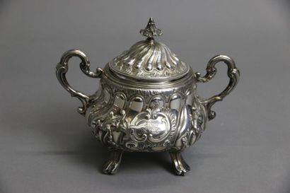 null Sugar bowl with two handles in silver 950°/°°°, with embossed decoration of...