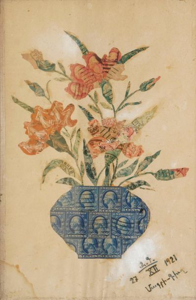 null ÉCOLE MODERNE 
Bouquet au vase bleu, 27/XII/1921
Technique mixte et collage...