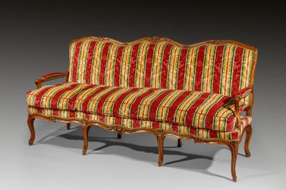 null Moulded and sculpted stained beechwood sofa with straight backrest with triple...