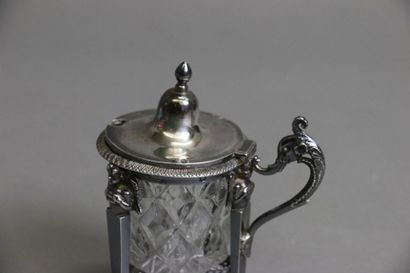 null Mustard pot and two 800°/°° silver salt shakers, decorated with a frieze of...