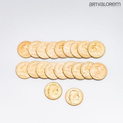null FRANCE. 20 pièces de 20 francs or au coq. Poids: 129,3 g
12% TTC pour les monnaies...