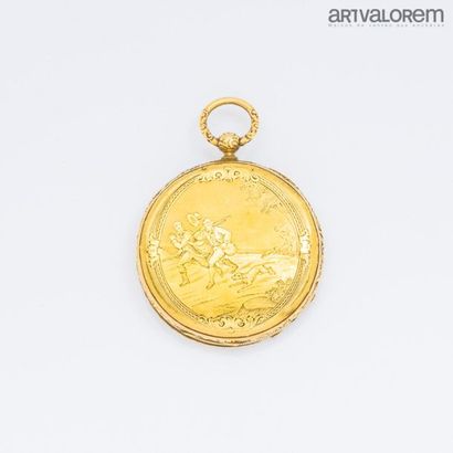 null Gusset watch in 750°/°° yellow gold, case engraved with a hunting scene, white...