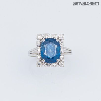 null Bague en or gris 750°/°°ornée d'un saphir de taille ovale facetté dans un entourage...