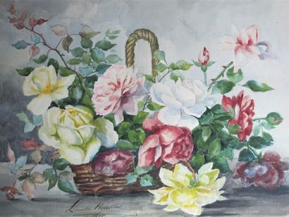 null Louise BOUSSAC . fin du XIXème siècle 
Nature morte au panier de fleurs. Aquarelle...
