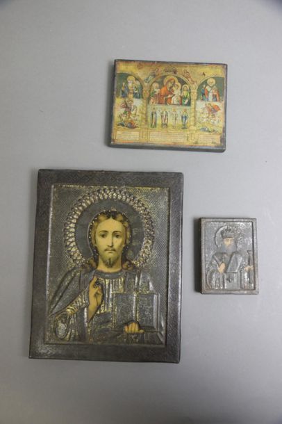 null Set of three "pilgrimage souvenirs" icons, two in embossed metal (Holy Bishop...