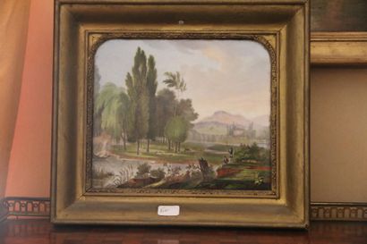 null 19th century school. 
Animated landscape, oil on porcelain. 
16x19 cm. 
A watercolour...