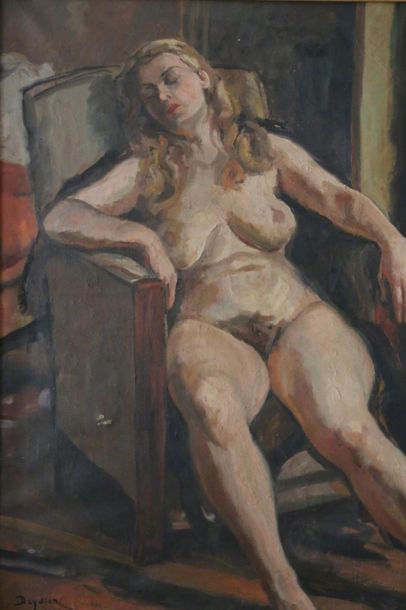 null René Deydier (1882-1942) 
Femme nue faisant la sieste. 
Huile sur toile signée...