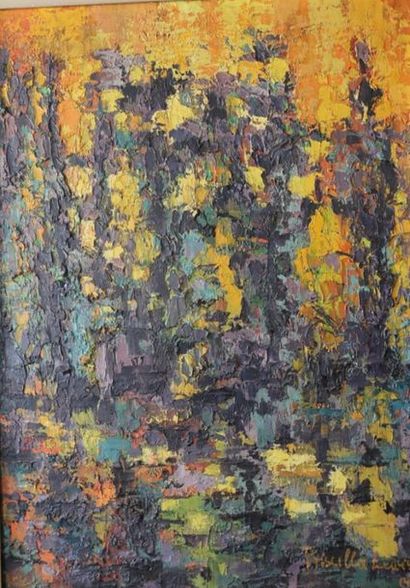 null Priscilla Lewis (Xxe). 
Composition abstraite jaune et violette. 
Huile sur...