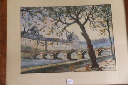 null Delorme (20th century)
 View of the Pont Neuf. 
Watercolor on paper. 25x34....