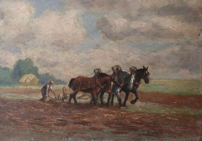 19th century school. 
Horses ploughing a...