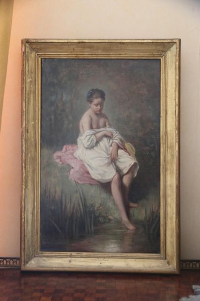 null Ecole du XIXe siècle. 
Femme à la chemise blanche, le pied l'eau
Huile sur toile....