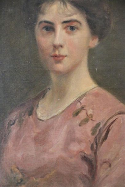null Ecole moderne. 
Portrait de femme à la robe rose. 
Huile sur toile. 
53x44 ...