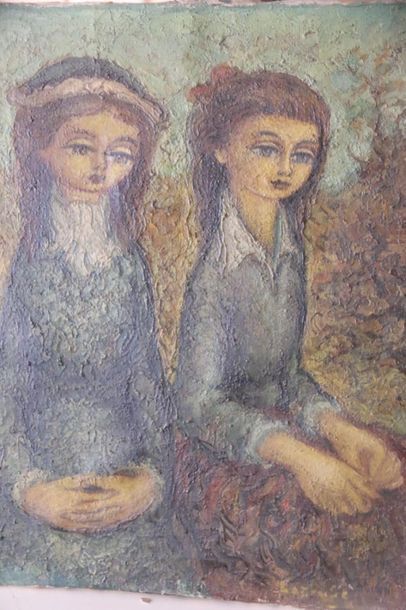 null Modern school. 
The two friends. 
Oil on canvas, trace of signature at the bottom...