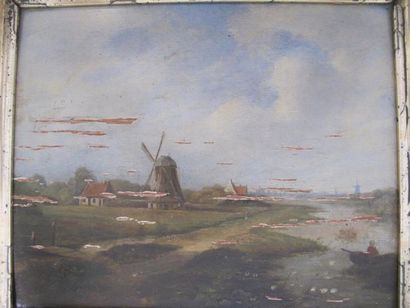 null Ecole du XIXe siècle
Paysage avec des moulins, huile sur panneau. (manques)...