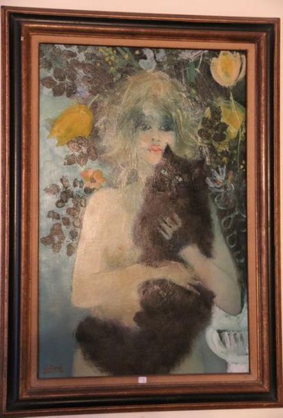 null Pierre Jutand (1935). Femme au chat, acrylique sur toile, signée en bas à g...