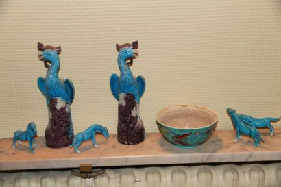 null China. Two glazed stoneware birds, china bowl and four turquoise horses.