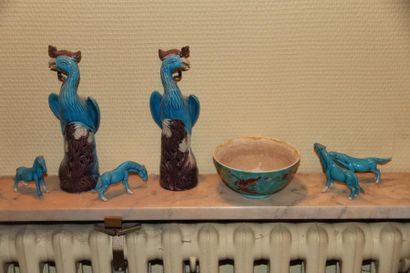 null China. Two glazed stoneware birds, china bowl and four turquoise horses.
