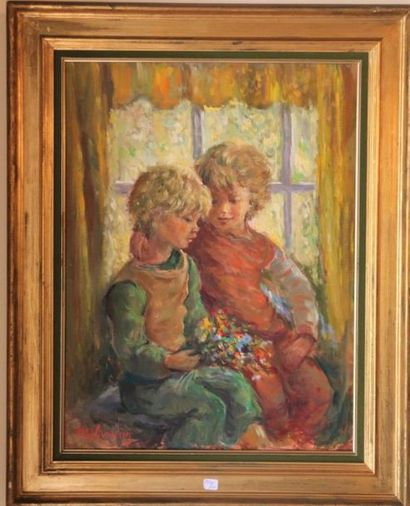 null Katherine Librowicz (1912-1991) Deux enfants près d'une fenêtre, huile sur toile,...