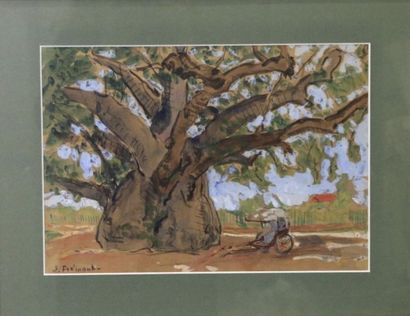null Suzanne Camille FREMONT (1876-1962). 
Le baobab, village à Madagascar (?)
Gouache...