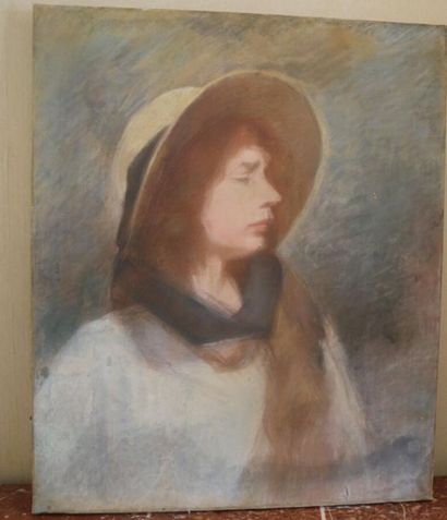 null Ecole de la fin du XIXe siècle. 
Portrait de femme au chapeau de paille. 
Pastel...