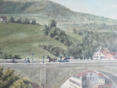 null Ecole Suisse du XIXème siècle.
Vue de ville animée, aquarelle.
27 x 35,5 cm.
(vitre...