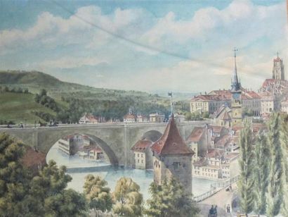 null Ecole Suisse du XIXème siècle.
Vue de ville animée, aquarelle.
27 x 35,5 cm.
(vitre...