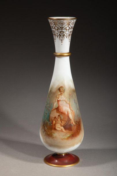 null Vase balustre en opaline à décor polychrome d'une bacchanale, le col évasé souligné...