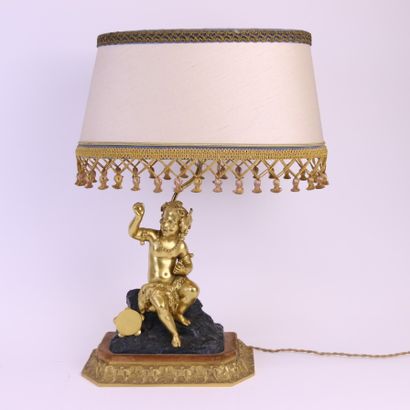 null Group in gilt bronze and patinated bronze mounted as a lamp depicting a small...