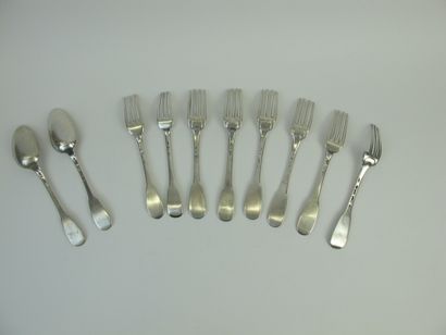 null Eight forks (one tooth missing on one) and two silver spoons XVIIIth century...