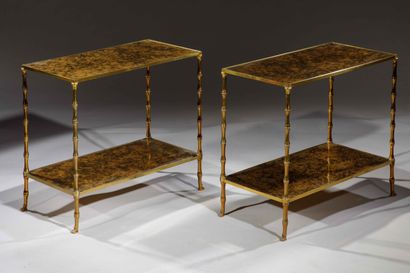 Two upright bamboo side tables in brass and...