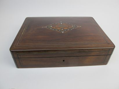 null Rosewood game box inlaid with brass filet and a blackened wood, mother-of-pearl...