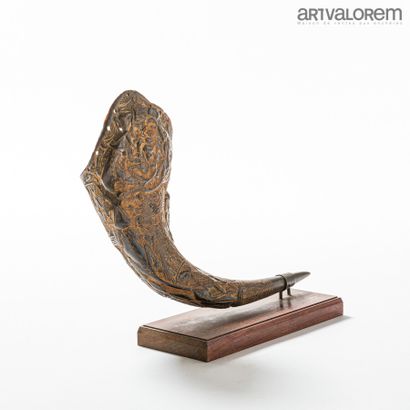 null BAMILEKE (Cameroon) libatory cup carved in a buffalo horn with bas-reliefs of...