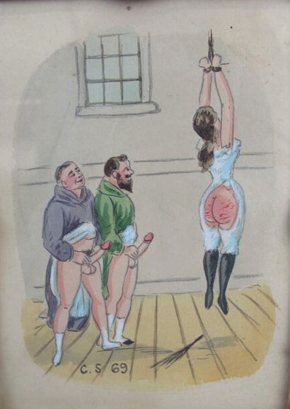 null Monk and priest in erection after flagellation, drawing and watercolour monogrammed...
