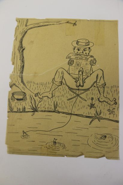 null Cinq dessins à l'encre sur calque: le bilboquet, la partie de pêche et scènes...