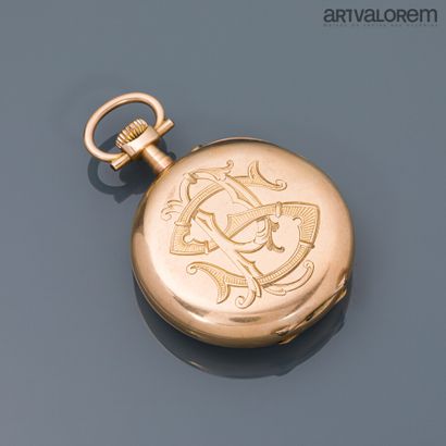 null Pocket watch in yellow gold 750°/°°, white enamelled dial with Roman numerals,...