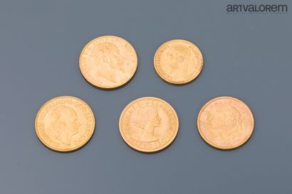 null One 20 franc Swiss gold coin (1949), one 10 gulden gold coin (1932), two gold...