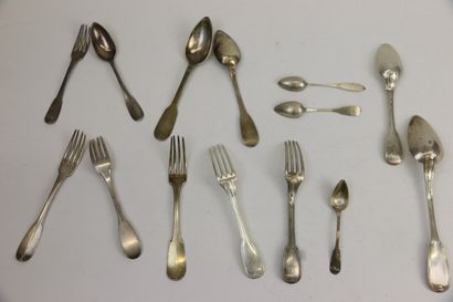 null Set of three disparate silver flatware. Two spoons, two forks, three dessert...